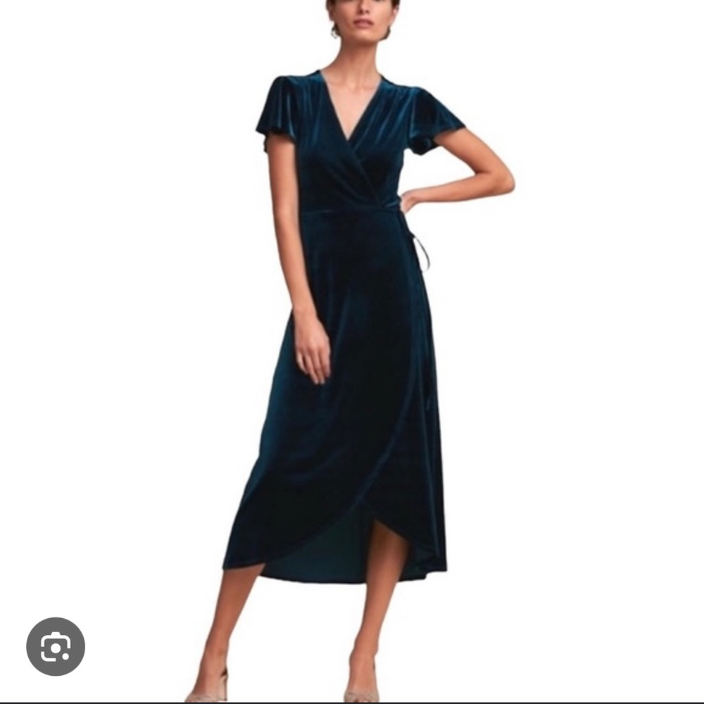 BHLDN Midnight Blue Green BHLDN Anthropologie Velvet Wrap dress Holiday high low